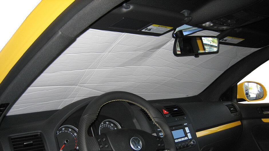 Our Silver Series windshield sun shade. These car window shades are silver on the outside and white on the inside.