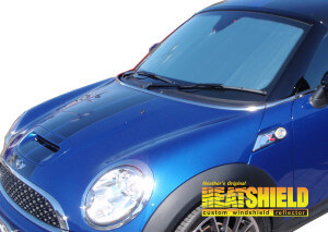 Heatshield Windshield Sun Shade for 2012, 2013, 2014, 2015 Mini Coupe (exterior view)