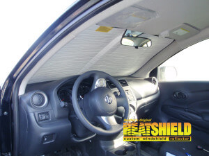 Heatshield Windshield Sun Shade for 2012 Nissan Versa (interior view)