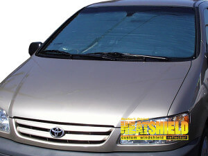 Heatshield Windshield Sun Shade for 1998, 1999, 2000, 2001, 2002, 2003 Toyota Sienna (exterior view)